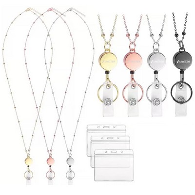 Retractable Stainless Steel Necklace Lanyard Badge Holder with Transparent ID Card Holder